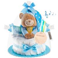 WishOf.Me - Windeltorte mit Spieluhr (2-stöckig/baby-blau) für JUNGEN